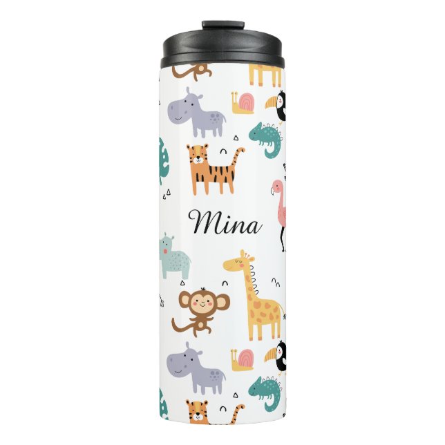 Cute Safari Jungle Animals Personalized Baby Name Thermal Tumbler (Front)