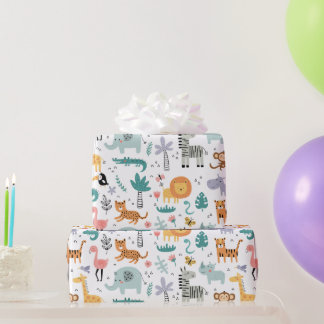 Cute Safari Jungle Animals Personalized Baby Name Wrapping Paper