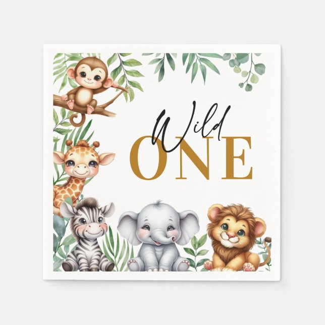 Cute Safari Jungle Animals Wild One Boy Birthday Napkin (Front)