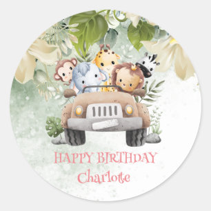 Cute Safari jungle Birthday zoo Race Car party Classic Round Sticker