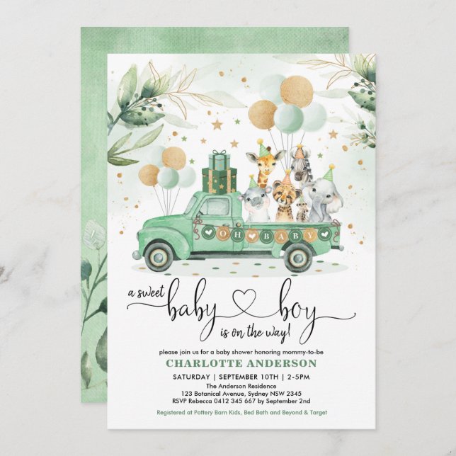 Cute Safari Jungle Greenery Wild Animals Baby Boy Invitation (Front/Back)