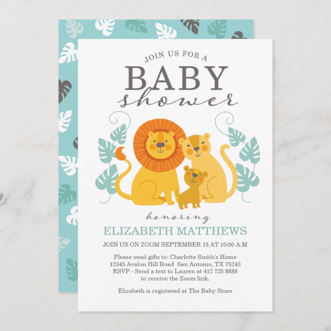 Cute Safari Jungle Lion Virtual Boy Baby Shower Invitation (Front/Back)