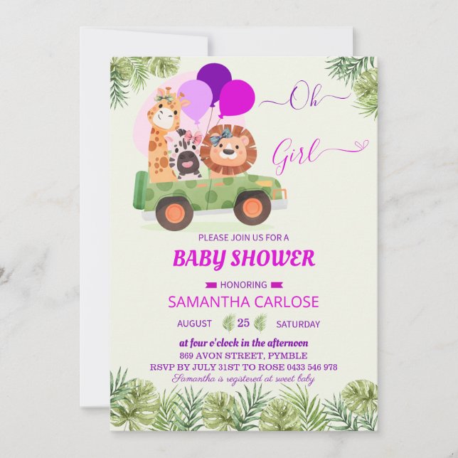 Cute Safari Jungle Zoo girl Baby Shower  Invitation (Front)