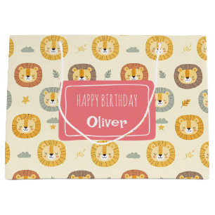 Cute Safari Lion Face Pattern Personalised  Large Gift Bag
