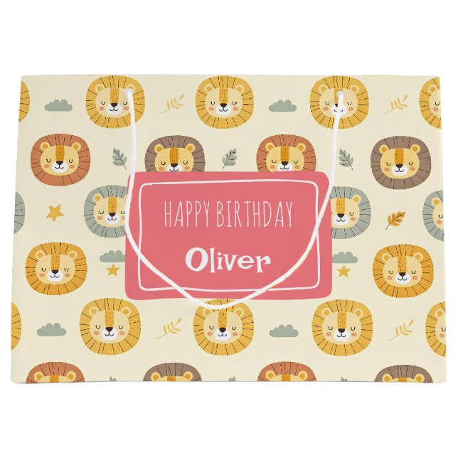 Cute Safari Lion Face Pattern Personalised  Large Gift Bag (Front)