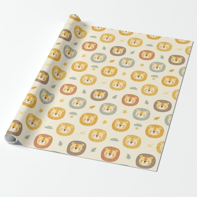 Cute Safari Lion Face Pattern  Wrapping Paper (Unrolled)