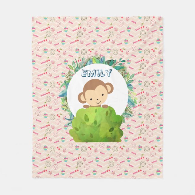 Cute Safari Monkey on Candy Pattern Personalised Fleece Blanket (Front)