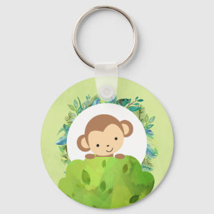 Cute Safari Monkey with Tropical Leaves Key Ring