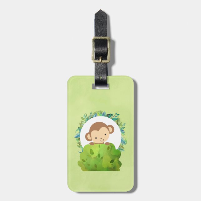 Cute Safari Monkey with Tropical Leaves Luggage Tag (Front Vertical)