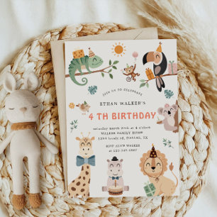 Cute Safari Party Animals Kids Birthday Invitation