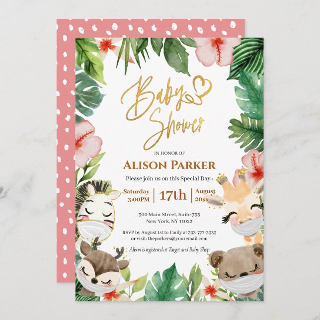 Cute Safari Pink Floral Greenery Baby Girl Shower  Invitation (Front/Back)