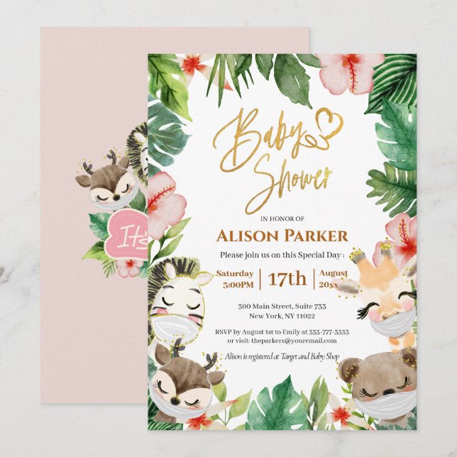 Cute Safari Pink Floral Greenery Baby Girl Shower  Invitation (Front/Back)