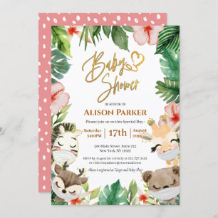 Cute Safari Pink Floral Greenery Baby Shower Invitation
