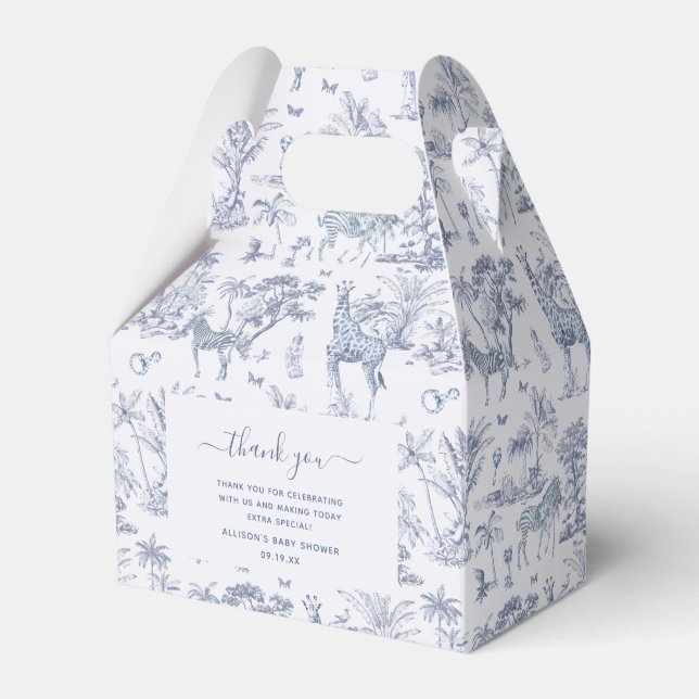 Cute Safari Toile de Jouy | Blue Baby Shower Favou Favour Box (Front Side)