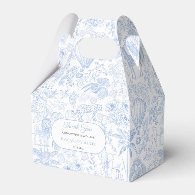 Cute Safari Toile de Jouy Blue Baby Shower Favour Box (Front Side)