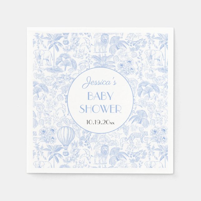 Cute Safari Toile de Jouy Blue Baby Shower Paper Napkin (Front)