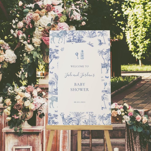 Cute Safari Toile de Jouy | Blue Baby Shower  Poster (Creator Uploaded)