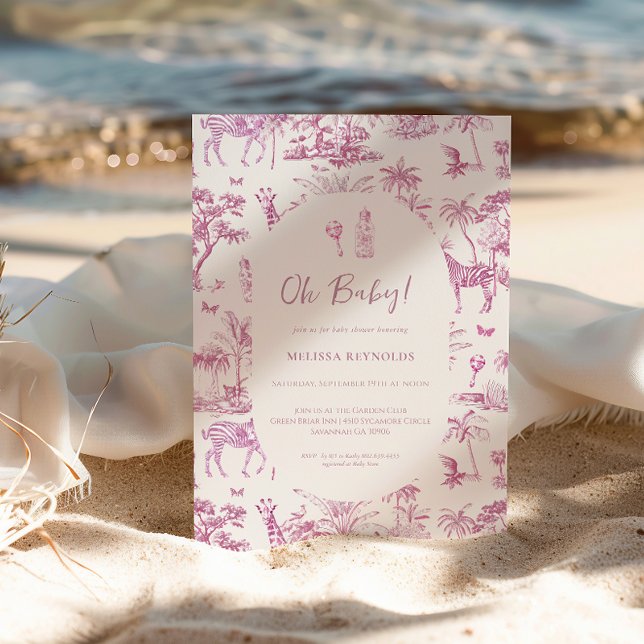 Cute Safari Toile de Jouy | Pink Baby Shower Invitation (Creator Uploaded)