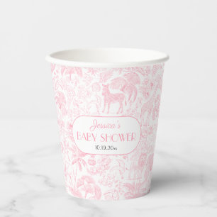 Cute Safari Toile de Jouy Pink Baby Shower Paper Cups