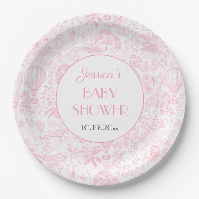 Cute Safari Toile de Jouy Pink Baby Shower Paper Plate (Front)