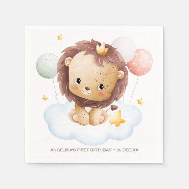 Cute Safari Watercolor Lion Prince Kids Birthday Napkin (Front)