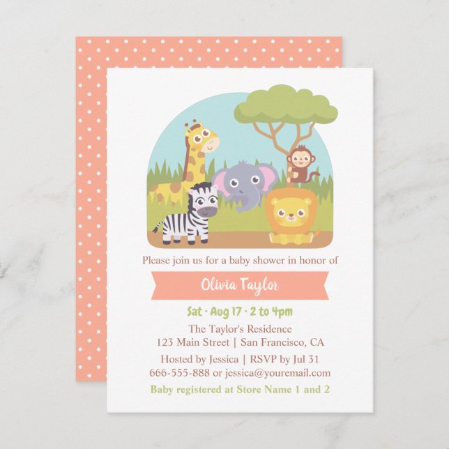 Cute Safari Wild Animals Baby Shower Invitation (Front/Back)
