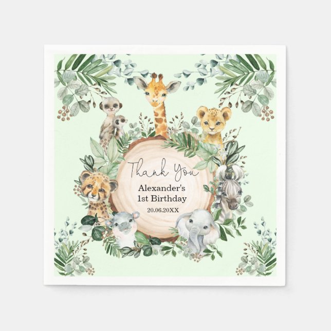 Cute Safari Wild Animals Greenery Birthday Favors Napkin (Front)