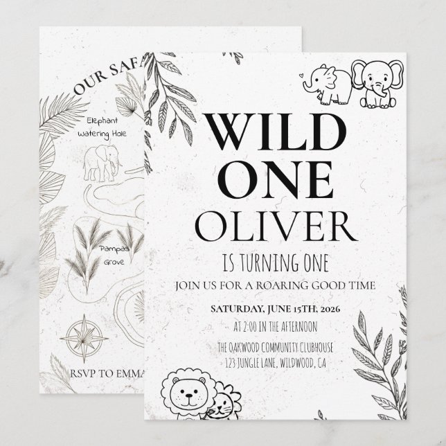 Cute Safari Wild One 1st Birthday Map Party Invitation (Front/Back)