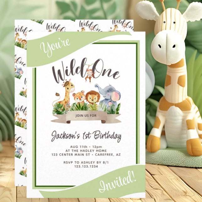 Cute Safari Wild One Green Birthday Invitation (Creator Uploaded)