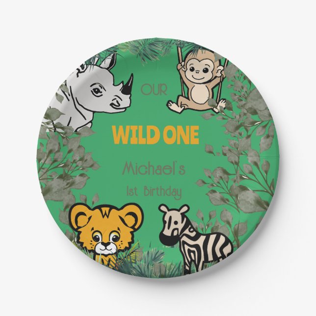 Cute Safari Wild One Green Paper Plate (Front)