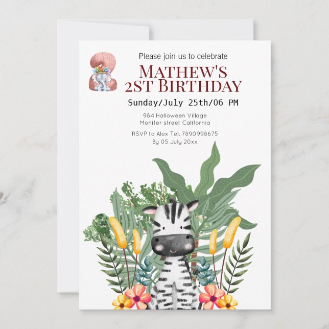 Cute Safari Zebra and elephant 2th birthday Invitation (Front)