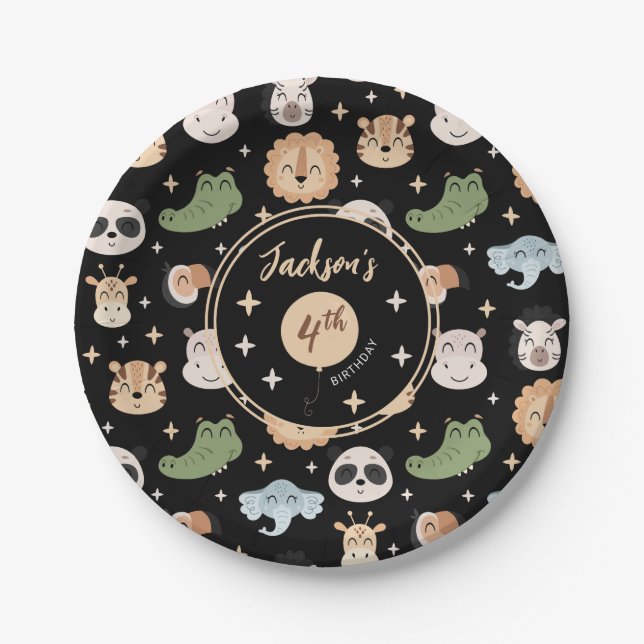 Cute Safari zoo animal birthday boy paper plates (Front)