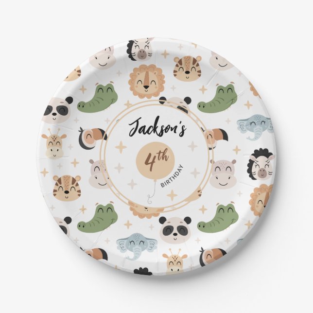 Cute Safari zoo animal birthday boy paper plates (Front)