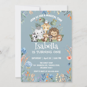 cute safari zoo animal jungle Floral Birthday name Invitation