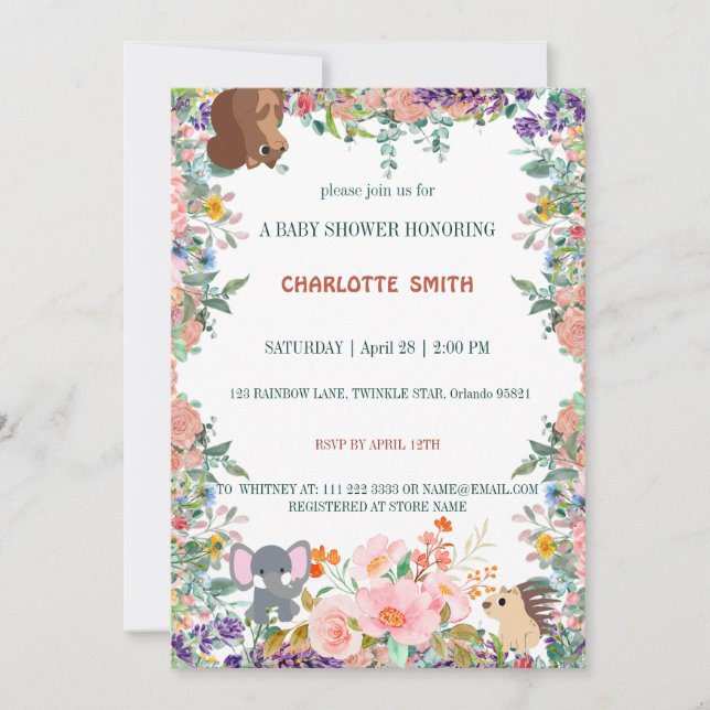 cute safari zoo animals jungle watercolor flora invitation (Front)