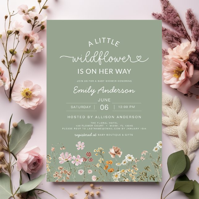 Cute Sage Green A Little Wildflower Baby Shower Invitation (Creator Uploaded)