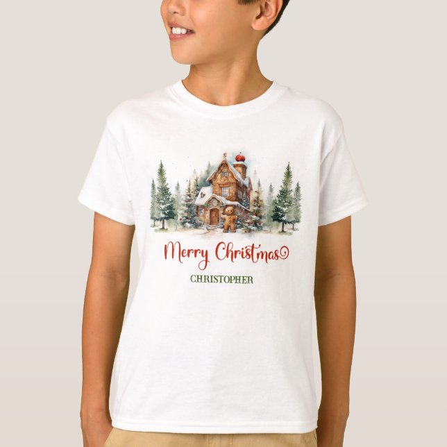 Cute sage green and red gingerbread house forest  T-Shirt (Front)