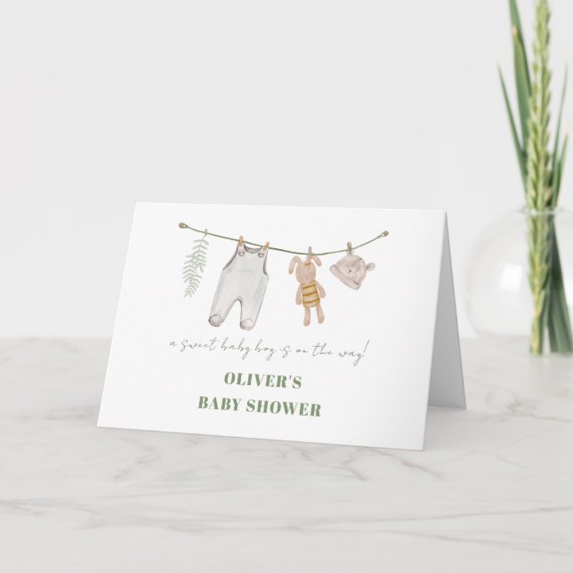 Cute Sage Green Boho Boy Clothes Baby Shower  Thank You Card (Front)