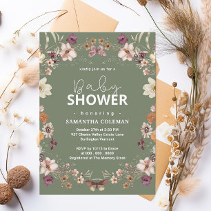 Cute Sage Green Boho Wildflower Modern Baby Shower Invitation