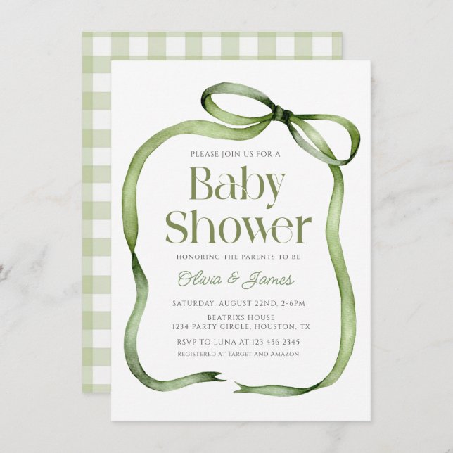 Cute sage green Bow Gingham Baby Shower Invitation (Front/Back)