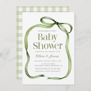 Cute sage green Bow Gingham Baby Shower Invitation