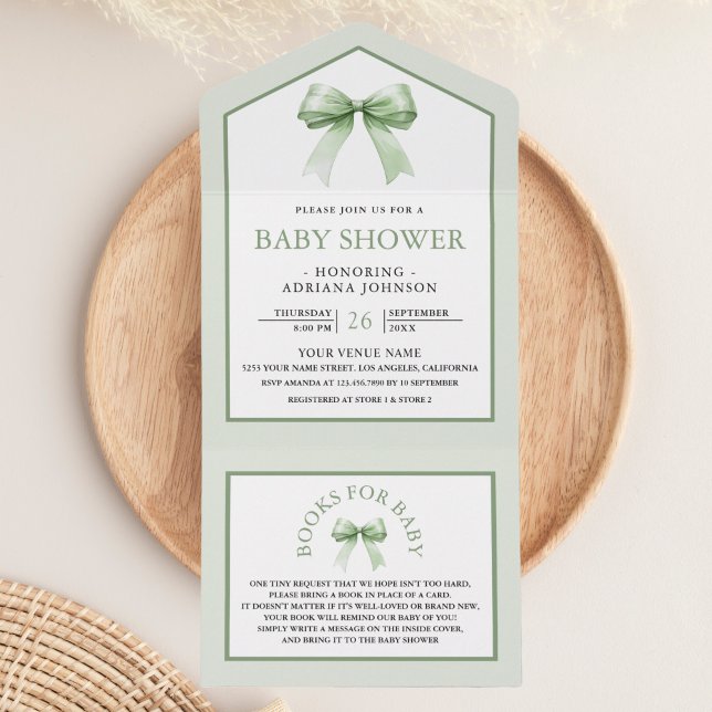Cute Sage Green Coquette Bow Baby Shower All In One Invitation (Creator Uploaded)