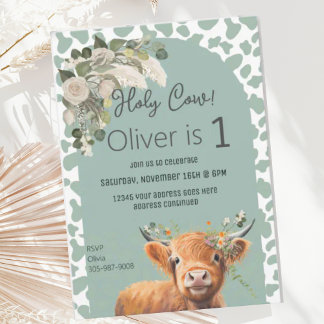 Cute Sage Green Farm Holy Cow Birthday Invitation