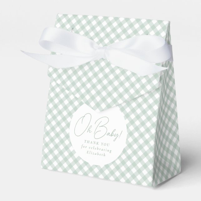 Cute sage green gingham neutral baby shower favour box (Front Side)