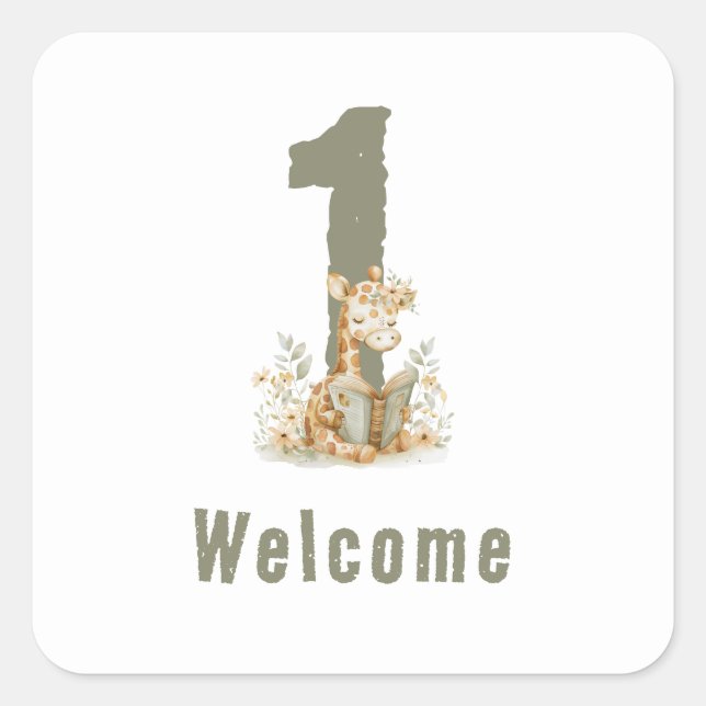  Cute Sage Green Giraffe 1st Birthday  Welcome Square Sticker (Front)
