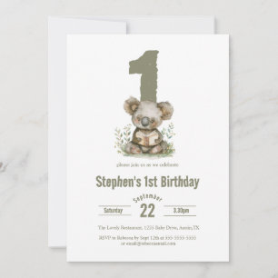  Cute Sage Green Koala Bear 1st Birthday Party  Invitation