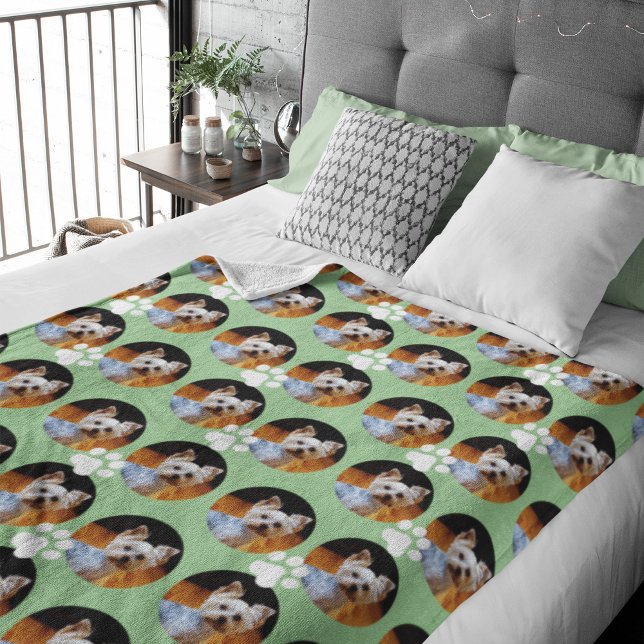 Cute Sage Green Pet Photo Paw Print Personalised Fleece Blanket (Creator Uploaded)