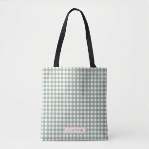 Cute Sage Green Plaid Personalised  Tote Bag
