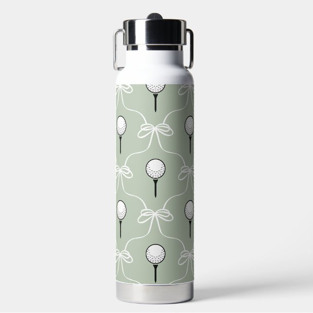 Cute Sage Green White Bow Golf Pattern Water Bottle (Front)