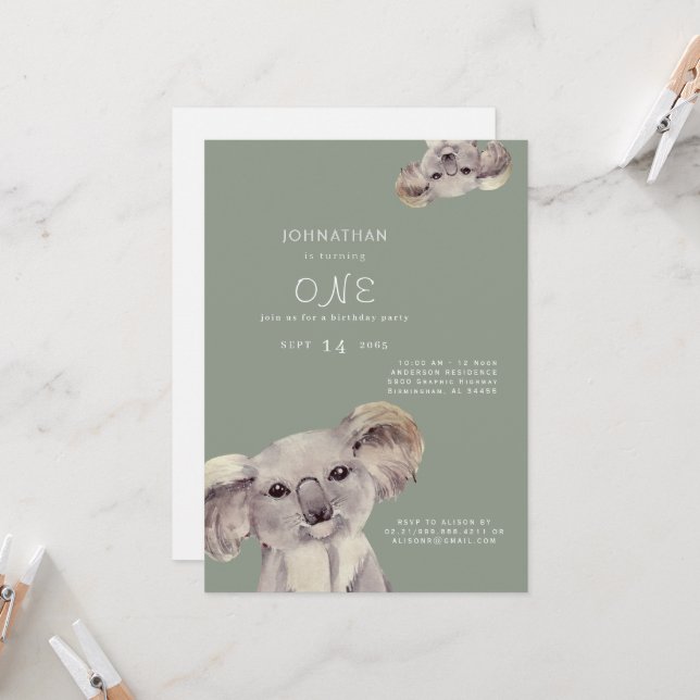 Cute Sage Koala Bear Birthday Party Invitation (Front/Back In Situ)